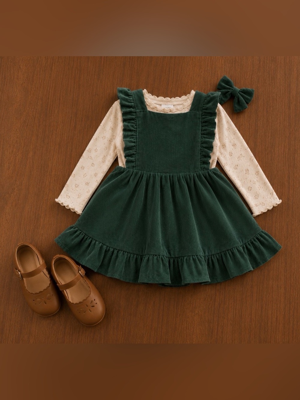 2-3T green corduroy toddler pinafore dress with ruffled straps